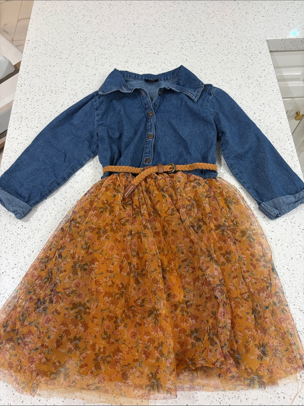 Pink & Violet Girls Denim Button-Front Top with Floral Tulle Fall Dress size 10
